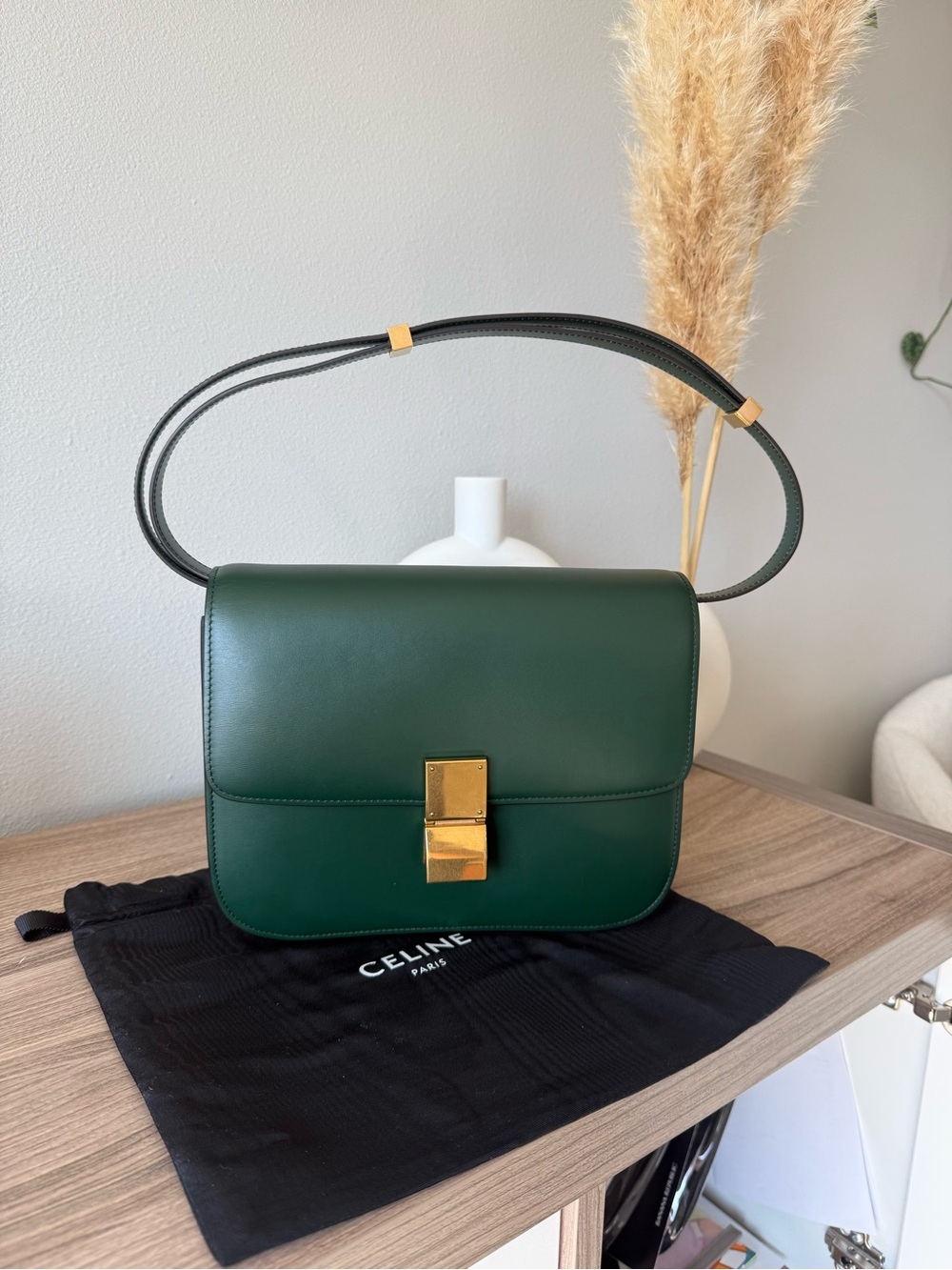Celine Classic Box Bag in Dark Green Leather with Gold Hardware